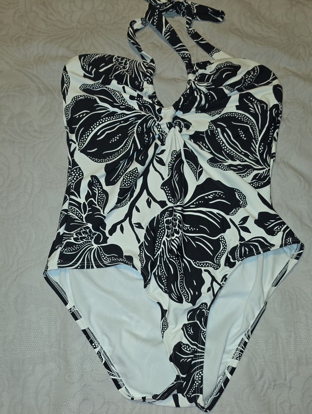 Black & White Floral Halter One-Piece Swimsuit